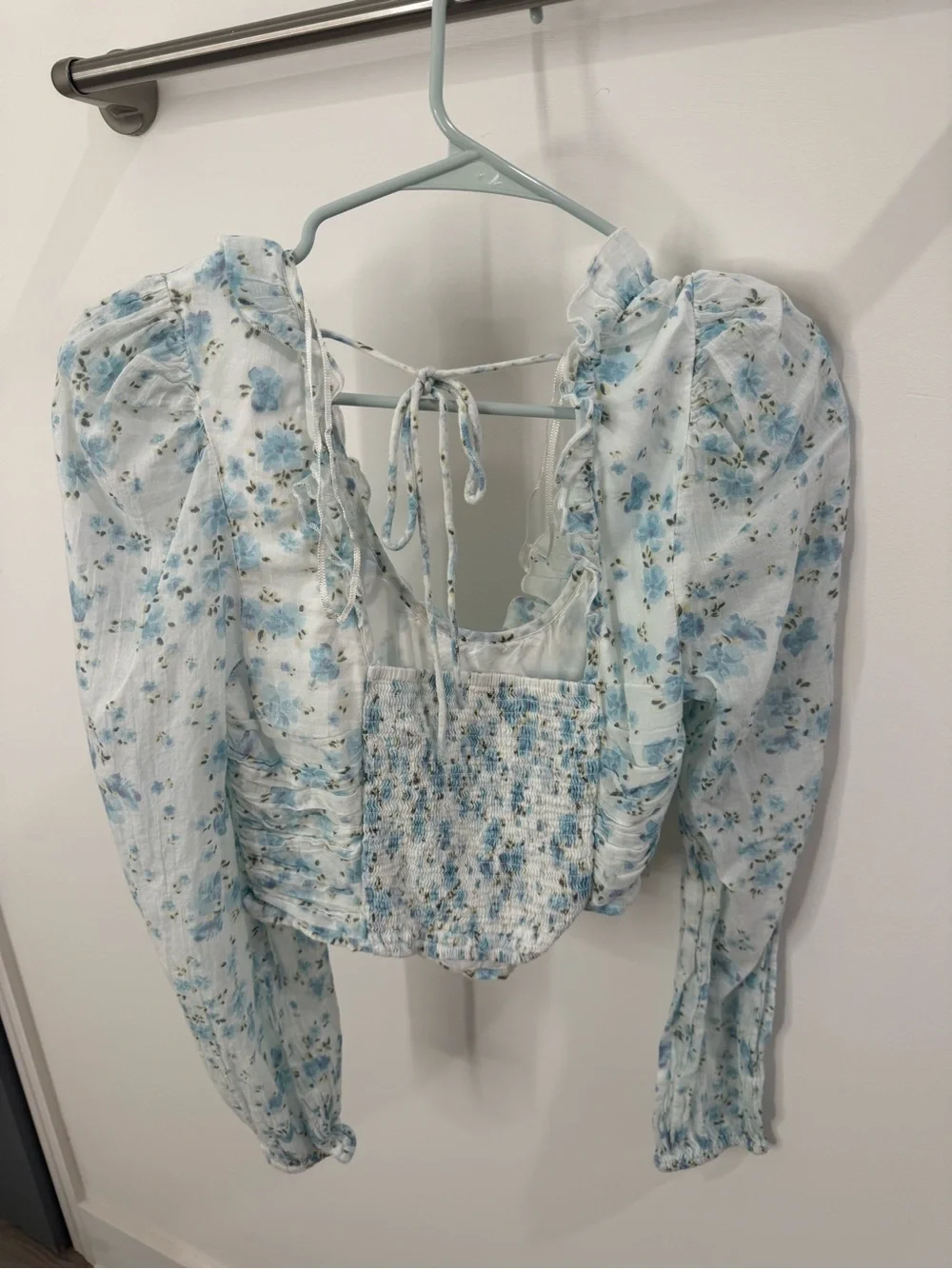 Free People Blue Floral Ruffle Tie-Back Crop Blouse